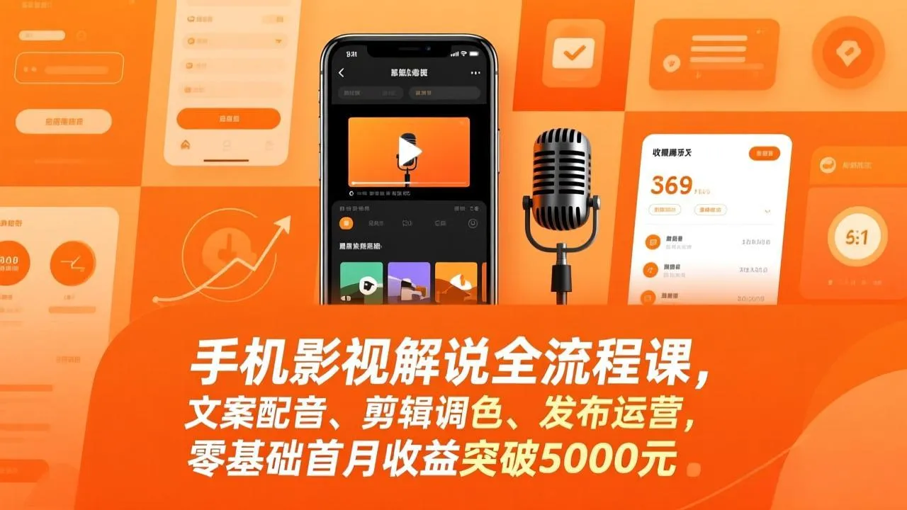 手机影视解说全流程课，文案配音、剪辑调色、发布运营，零基础首月收益突破5000元-寒山客