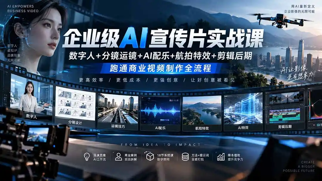 企业级AI宣传片实战课｜数字人+分镜运镜+AI配乐+航拍特效+剪辑后期，跑通商业视频制作全流程
