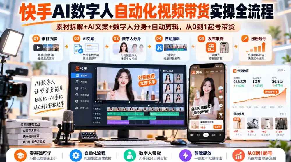 快手AI数字人自动化视频带货实操全流程｜素材拆解+AI文案+数字人分身+自动剪辑，从0到1起号带货(更新26年)