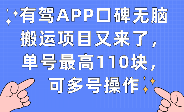 有驾APP口碑无脑搬运项目又来了，单号最高110块，可多号操作-寒山客