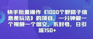 快手批量操作《1000个野路子信息差玩法》的项目,一分钟做一个视频一个图文,不封号,日引流150+【揭秘】-寒山客