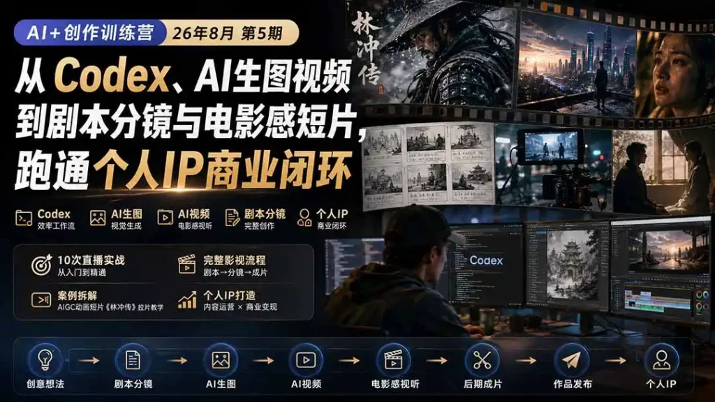 AI+创作训练营26年8月第5期：从Codex、AI生图视频到剧本分镜与电影感短片，跑通个人IP商业闭环