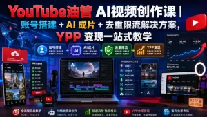 YouTube油管AI视频创作课｜账号搭建+AI成片+去重限流解决方案，YPP变现一站式教学(更新0817)