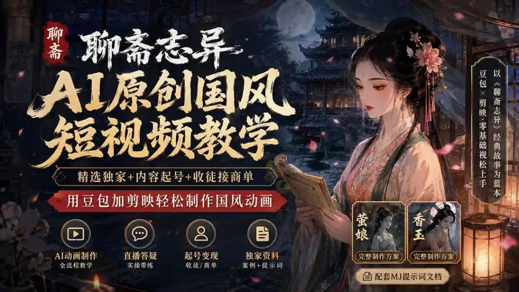 聊斋志异AI原创国风短视频教学-更新;精选独家+内容起号+收徒接商单,用豆包加剪映轻松制作国风动画