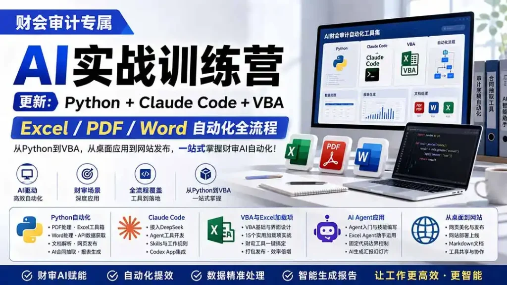 财会审计专属 AI实战训练营：Python+Claude Code+VBA，Excel/PDF/Word自动化全流程 (更新