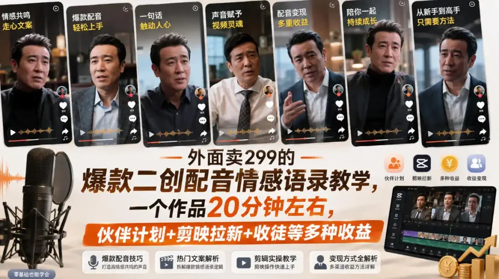 外面卖299的爆款二创配音情感语录教学，一个作品20分钟左右，伙伴计划+剪映拉新+收徒等多种收益