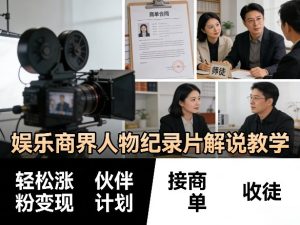 娱乐商界人物纪录片解说教学，轻松涨粉变现，伙伴计划，接商单，收徒等