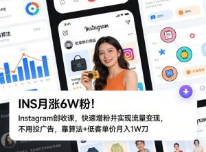 INS月涨6W粉！Instagram创收课，快速增粉并实现流量变现，不用用投广告，靠算法+低客单价月入1W刀