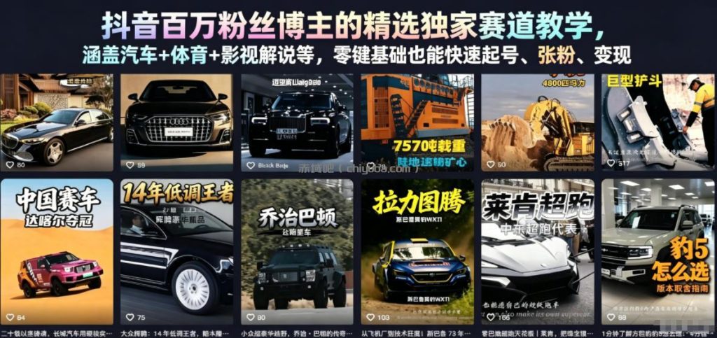 抖音百万粉丝博主的精选独家赛道教学，涵盖汽车+体育+影视解说等，零基础也能快速起号、涨粉、变现