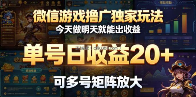 微信游戏撸广独家玩法，今天做明天就能出收益，单号日收益20+，可多号矩阵放大