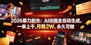 2026暴力副业：AI动画全自动生成，一单上千，月稳2W，永久可做【揭秘】