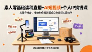 素人零基础读稿直播+AI短视频+个人IP搞钱课，从账号准备、涨粉制作到开播成交全流程实操教学