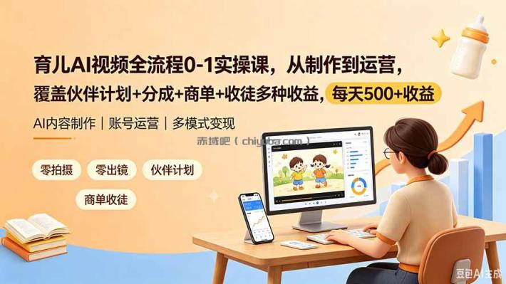 育儿AI视频全流程0-1实操课,从制作到运营,覆盖伙伴计划+分成+商单+收徒多种收益,每天500+收益