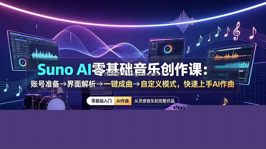 Suno AI零基础音乐创作课：账号准备→界面解析→一键成曲→自定义模式，快速上手AI作曲