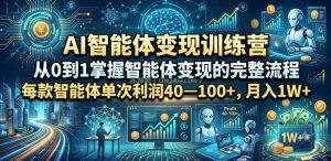 AI智能体变现训练营，从0到1掌握智能体变现的完整流程，每款智能体单次利润40—100+，月入1W+