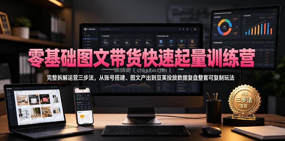 零基础图文带货快速起量训练营，完整拆解运营三步法，从账号搭建、图文产出到豆荚投放数据复盘整套可复制玩法