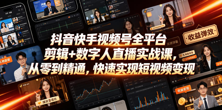 抖音快手视频号全平台剪辑+数字人直播实战课，从零到精通，快速实现短视频变现(更新2026年6月)