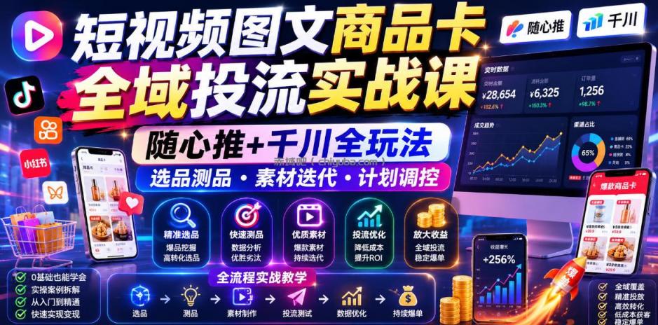 短视频图文商品卡全域投流实战课，随心推+千川全玩法，选品测品・素材迭代・计划调控，提升ROI爆单增收教程