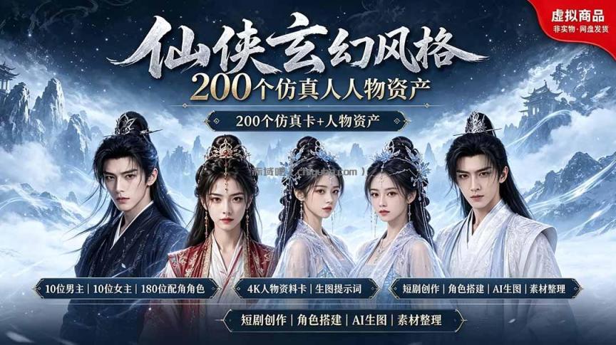 200个仙侠玄幻仿真人素材◆10男主×10女主×180配角,4K资料卡+AI生图提示词,漫剧必备