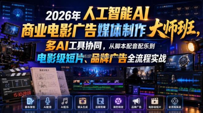 2026年人工智能AI商业电影广告媒体制作大师班，多AI工具协同，从脚本配音配乐到电影级短片、品牌广告全流程实战(中英字幕)