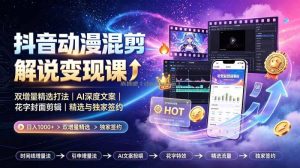 抖音动漫混剪解说变现课：双增量精选打法｜AI深度文案｜花字封面剪辑｜ 精选与独家签约日入1000+