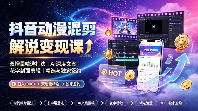 抖音动漫混剪解说变现课：双增量精选打法｜AI深度文案｜花字封面剪辑｜ 精选与独家签约日入1000+