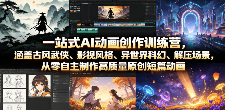 一站式AI动画创作训练营，涵盖古风武侠、影视风格、异世界科幻、解压场景，从零自主制作高质量原创短篇动画(更新)