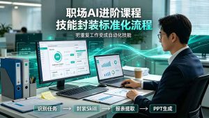 职场AI进阶课程；多类实用Skill工具实操，专属技能封装标准化流程，报表行业报告一键提取核心内容