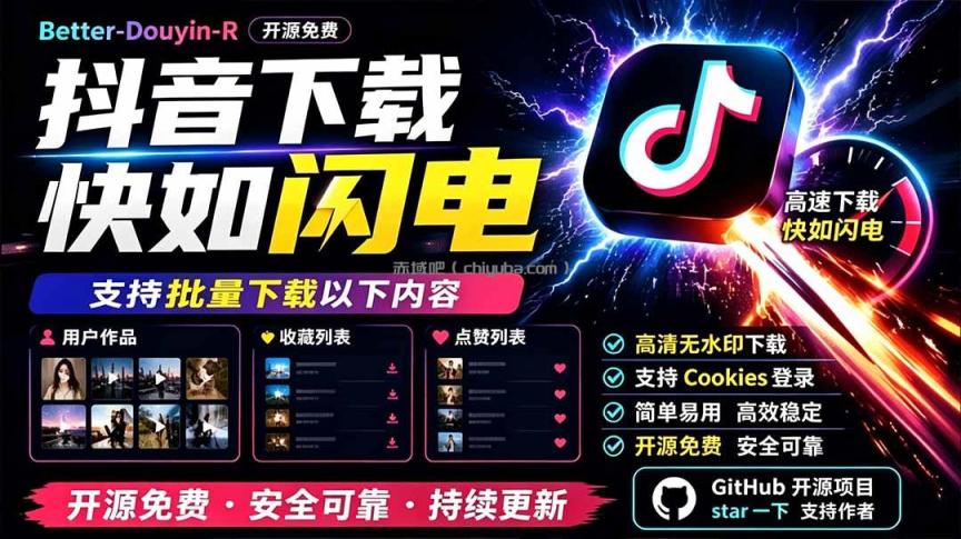 别再乱找了！D音下载快如闪电，支持批量下载用户作品收藏列表和点赞列表，开源免费 Better-douyin-R