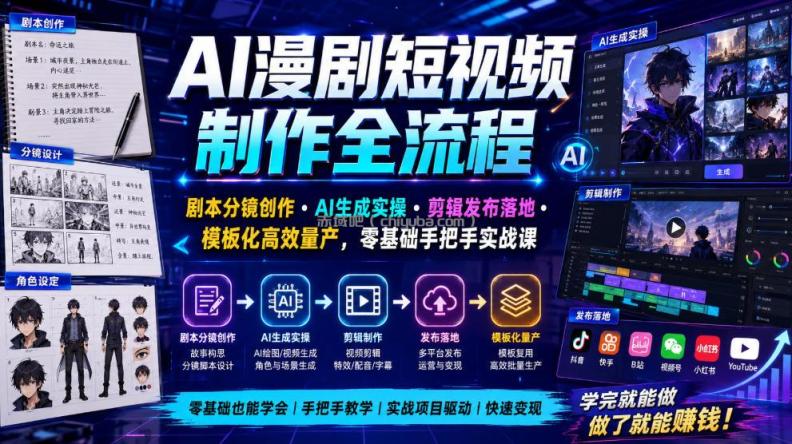 AI漫剧短视频制作全流程|剧本分镜创作・AI生成实操・剪辑发布落地・模板化高效量产,零基础手把手实战课