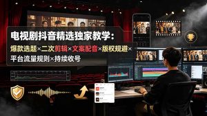 电视剧抖音精选独家教学：爆款选题×二次剪辑×文案配音×版权规避×平台流量规则×持续收益账号