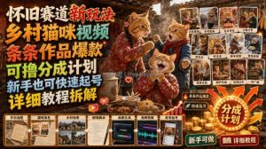 怀旧赛道新玩法，乡村猫咪视频，条条作品爆款，可撸分成计划，新手也可快速起号，详细教程拆解
