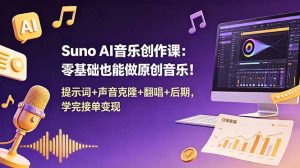Suno AI音乐创作课：零基础也能做原创音乐！提示词+声音克隆+翻唱+后期，学完接单变现