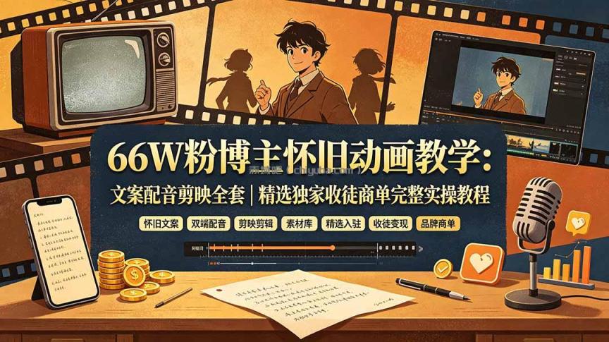 66W粉博主怀旧动画教学:文案配音剪映全套|精选独家收徒商单完整实操教程