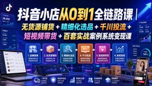 抖音小店从0到1全链路课｜无货源铺货+精细化选品+千川投流+短视频带货+百套实战案例系统变现课(2026年7月更新)