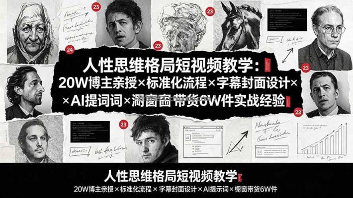 人性思维格局短视频教学:20W博主亲授×标准化流程×字幕封面设计×AI提示词×橱窗带货6W件实战经验