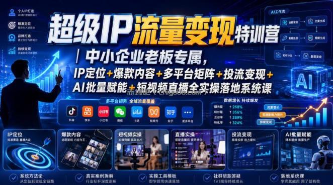 超级IP流量变现特训营|中小企业老板专属,IP定位+爆款内容+多平台矩阵+投流变现+AI批量赋能+短视频直播全实操落地系统课