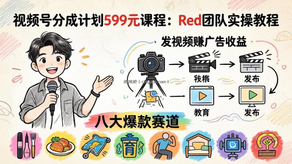 视频号分成计划599元课程:Red团队实操教程,发视频赚广告收益,八大爆款赛道全掌握