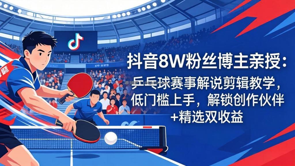 抖音8W粉丝博主亲授:乒乓球赛事解说剪辑教学,低门槛上手,解锁创作伙伴+精选双收益