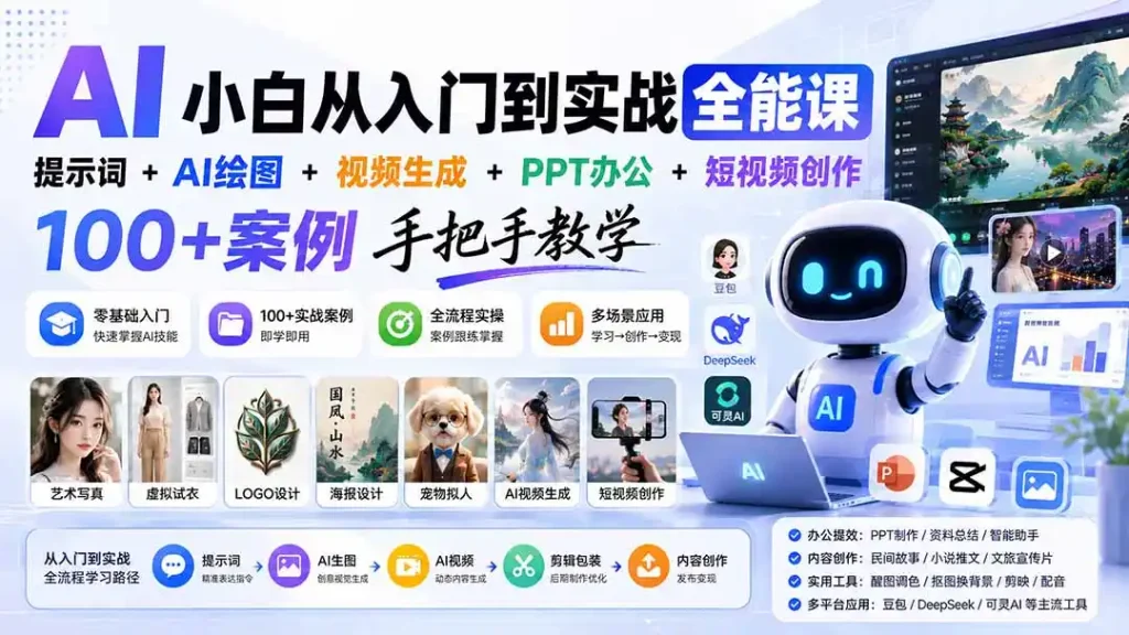 AI小白从入门到实战全能课:提示词+AI绘图+视频生成+PPT办公+短视频创作,100+案例手把手教学