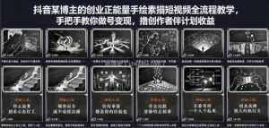 抖音某博主的创业正能量手绘素描短视频全流程教学，手把手教你做号变现，撸创作者伙伴计划收益