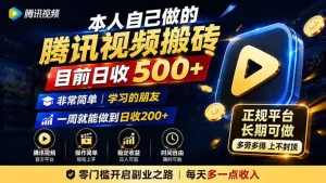 本人自己做的腾讯视频搬砖，目前日收500+，非常简单，学习的朋友一周就能做到日收200+