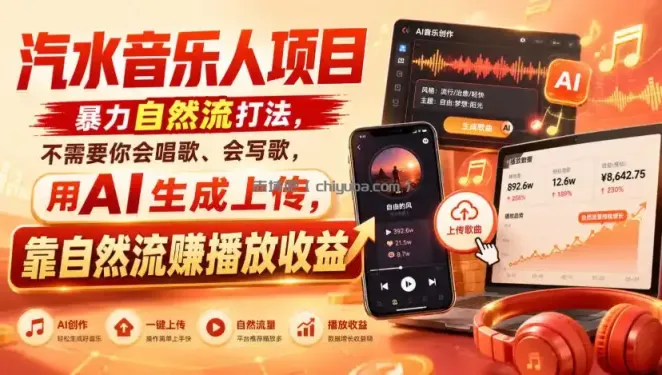 汽水音乐人项目，暴力自然流打法，不需要你会唱歌、会写歌，用AI生成上传，靠自然流賺播放收益