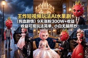王炸短视频玩法AI水果剧(狗血剧情)9天涨粉300W+收益可观玩法简单，小白无脑照抄，详细拆解玩法