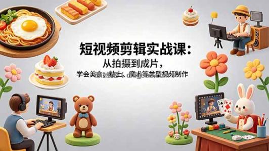 短视频剪辑实战课：从拍摄到成片，学会美食、粘土、魔术等类型视频制作