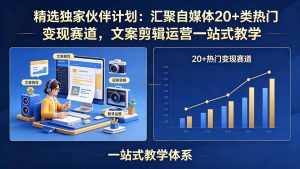 精选独家伙伴计划：汇聚自媒体20+类热门变现赛道，文案剪辑运营一站式教学