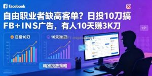 自由职业者缺高客单？日投10刀搞FB+INS广告，有人10天赚3K刀！【原创双语字幕】