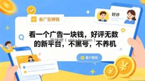 看一个广告一块钱，好评无数的新平台，不黑号，不养机，一部手机一天撸几十，可矩阵【揭秘】