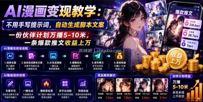 AI漫画变现教学:不用手写提示词,自动生成脚本文案,一份伙伴计划万播5-10米,一条爆款推文收益上W