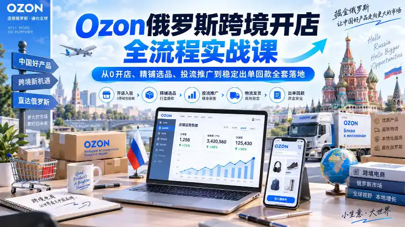 Ozon俄罗斯跨境开店全流程实战课｜从0开店、精铺选品、投流推广到稳定出单回款全套落地